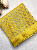 Load image into Gallery viewer, Handblock Printed Silk Cotton Saree - Mustard Yellow + Pearl Cream
