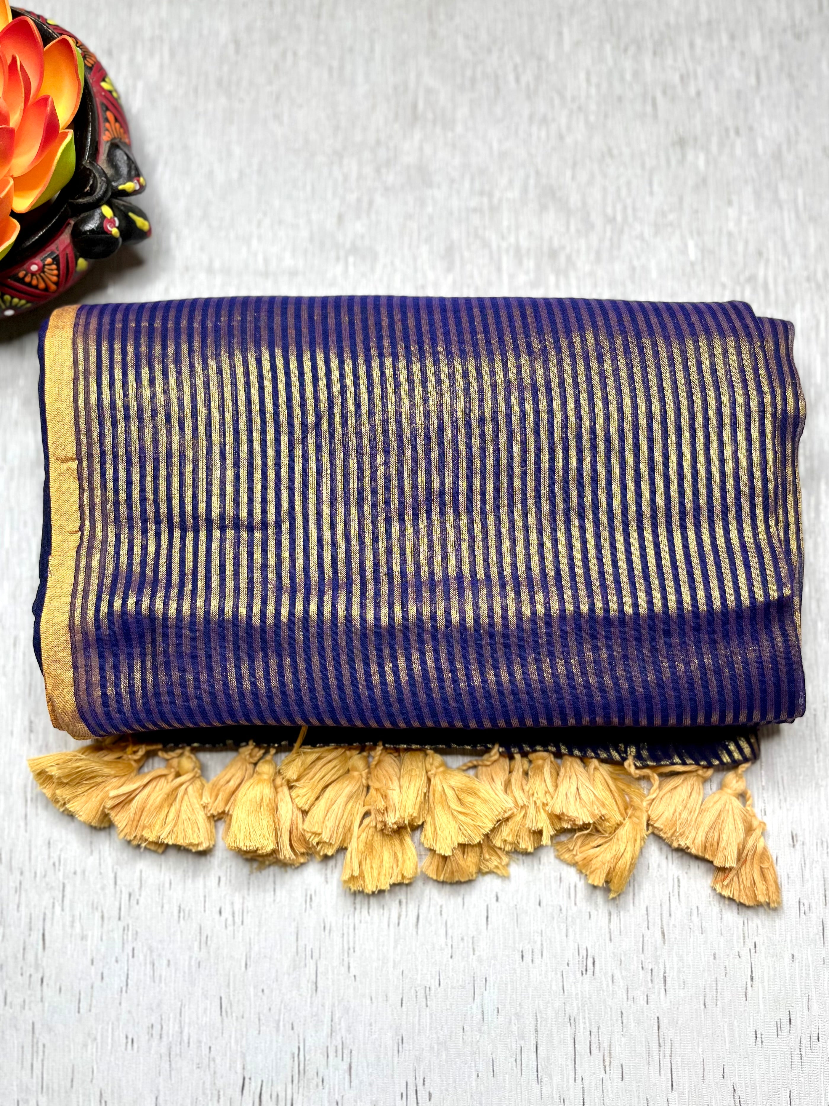 Handwoven Cotton Saree -  Persian Blue + Gold