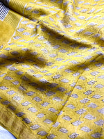 Load image into Gallery viewer, Handblock Printed Silk Cotton Saree - Mustard Yellow + Pearl Cream
