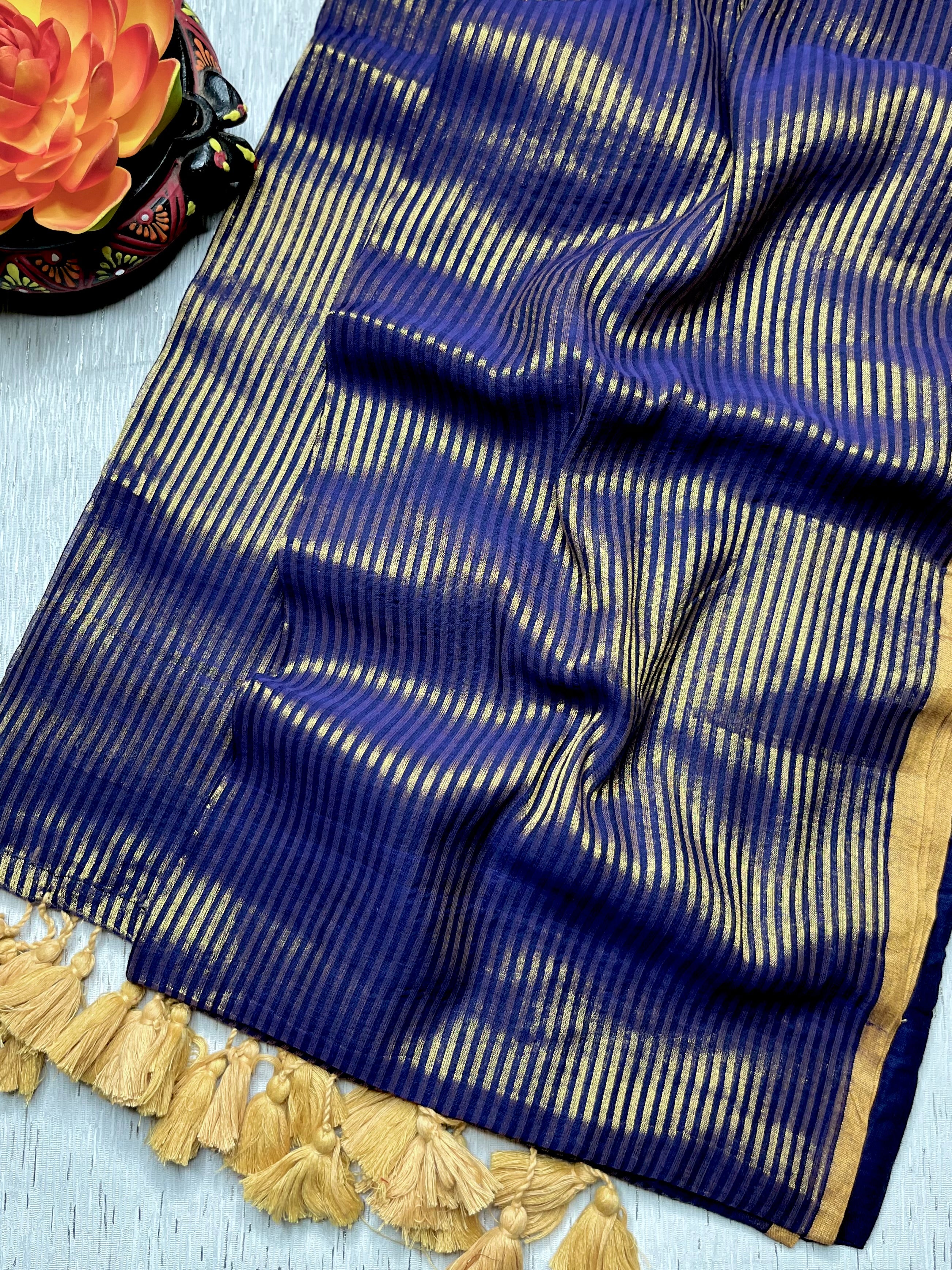 Handwoven Cotton Saree -  Persian Blue + Gold