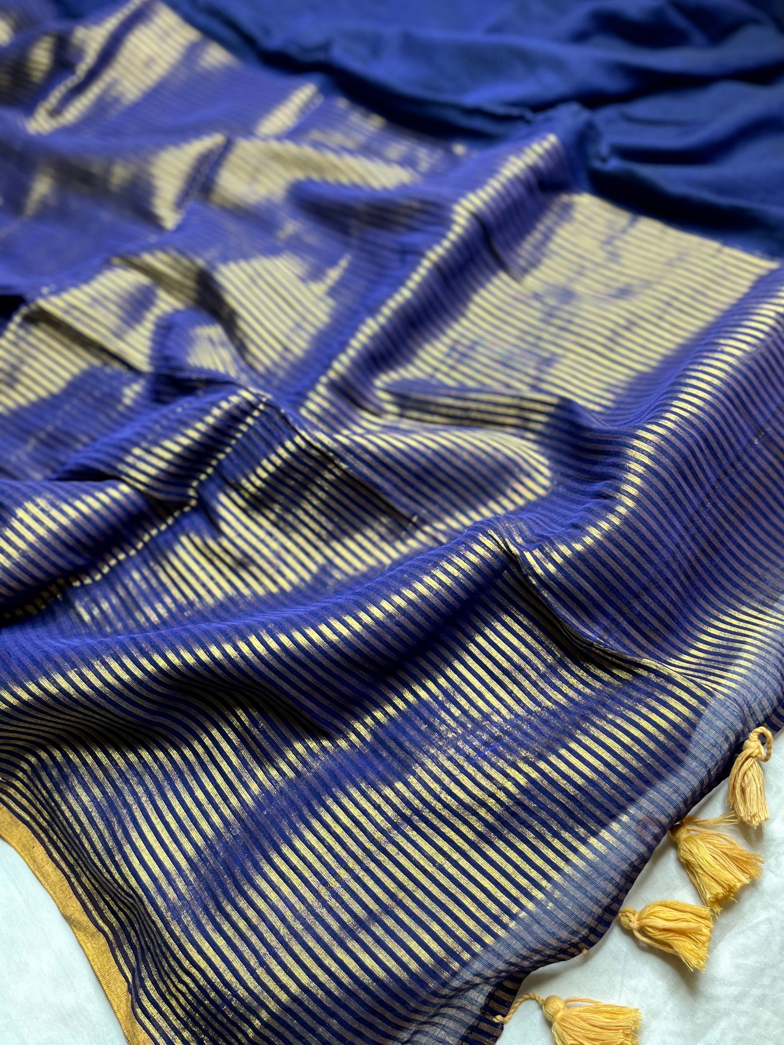 Handwoven Cotton Saree -  Persian Blue + Gold