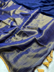Handwoven Cotton Saree -  Persian Blue + Gold