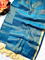 Load image into Gallery viewer, Handwoven Cotton Saree -  Teal Blue + Gold
