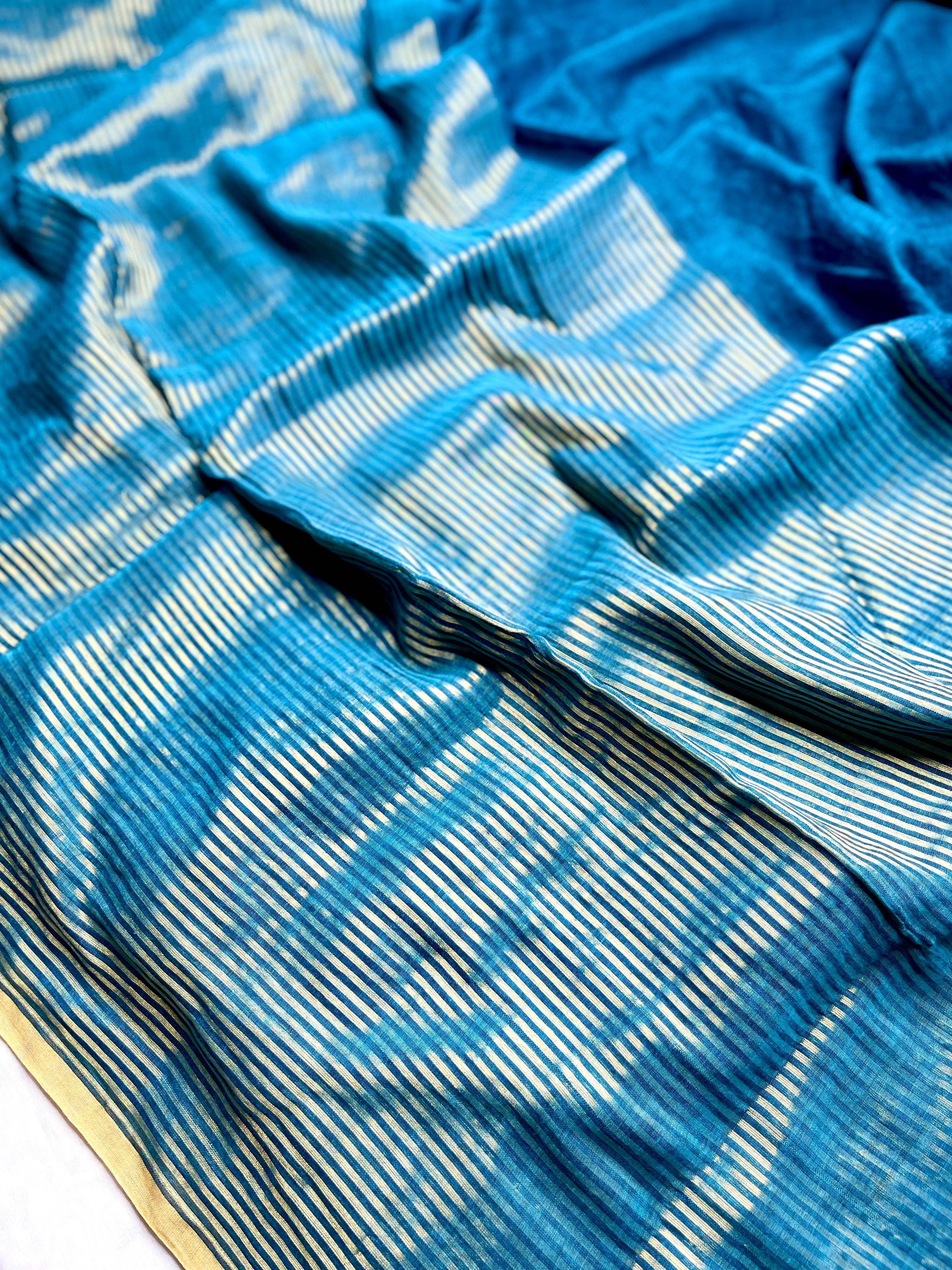 Handwoven Cotton Saree -  Teal Blue + Gold