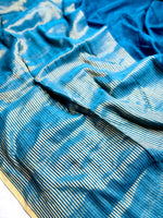 Load image into Gallery viewer, Handwoven Cotton Saree -  Teal Blue + Gold

