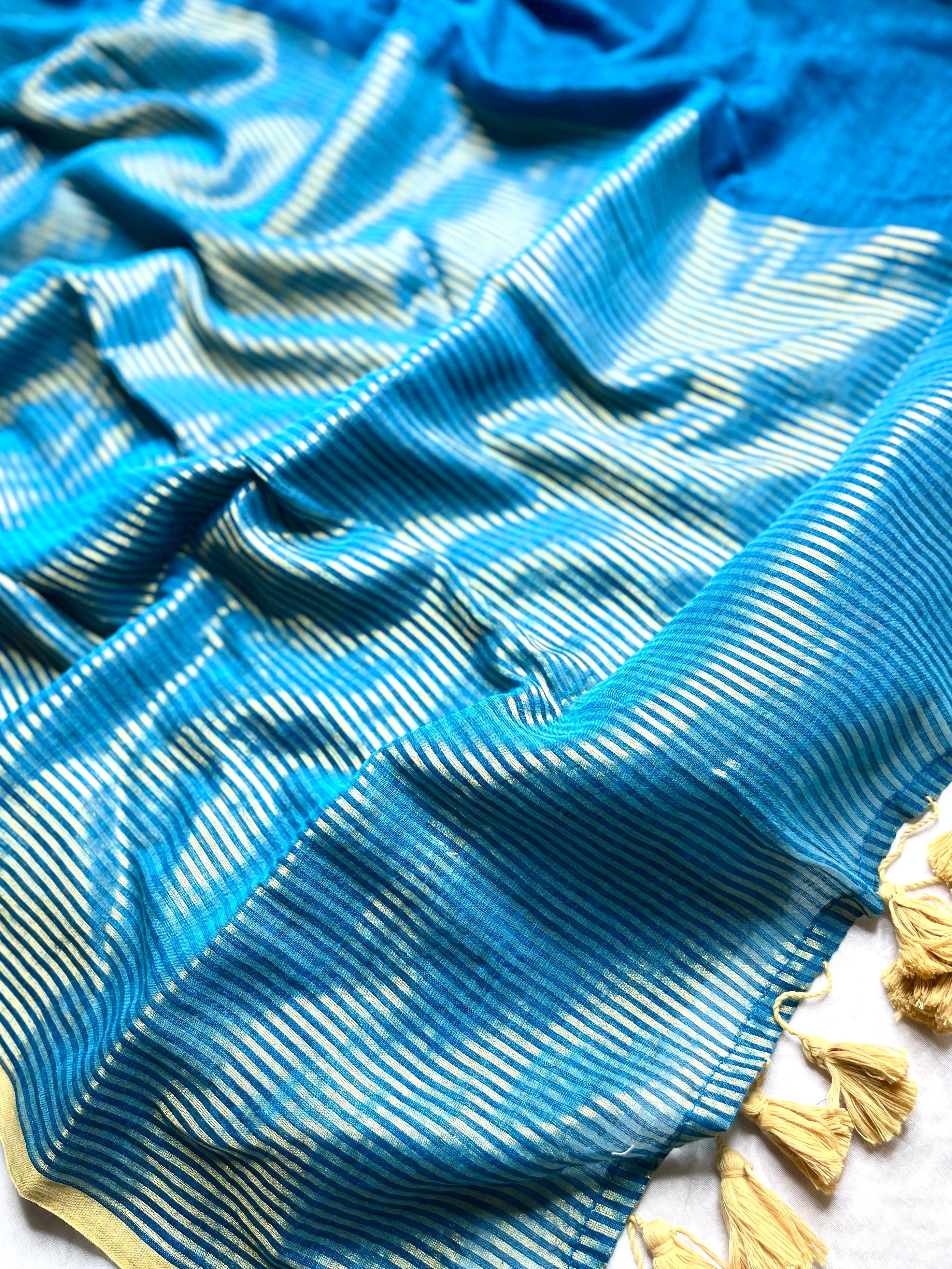 Handwoven Cotton Saree -  Teal Blue + Gold