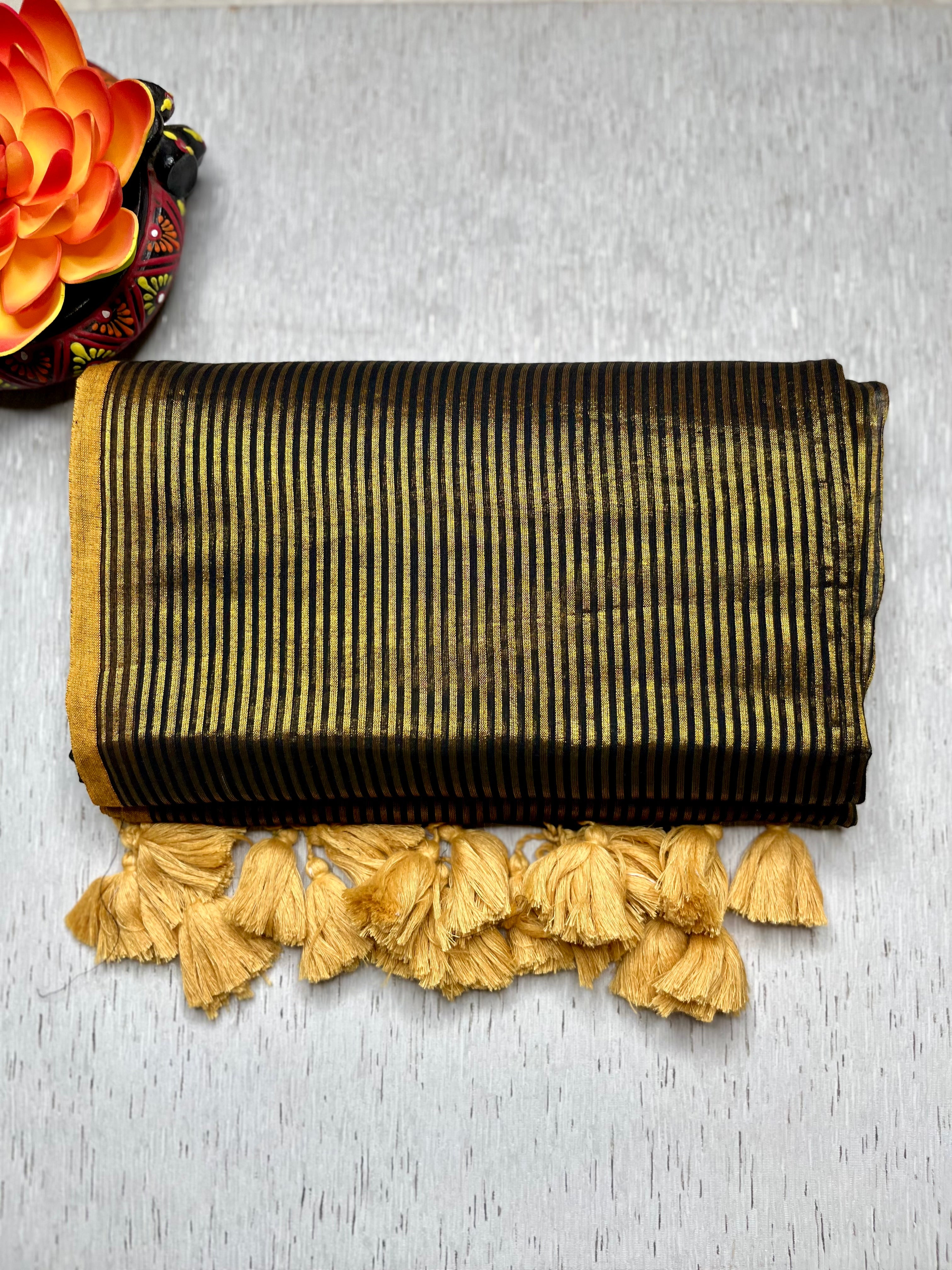 Handwoven Cotton Saree -  Charcoal Black + Gold