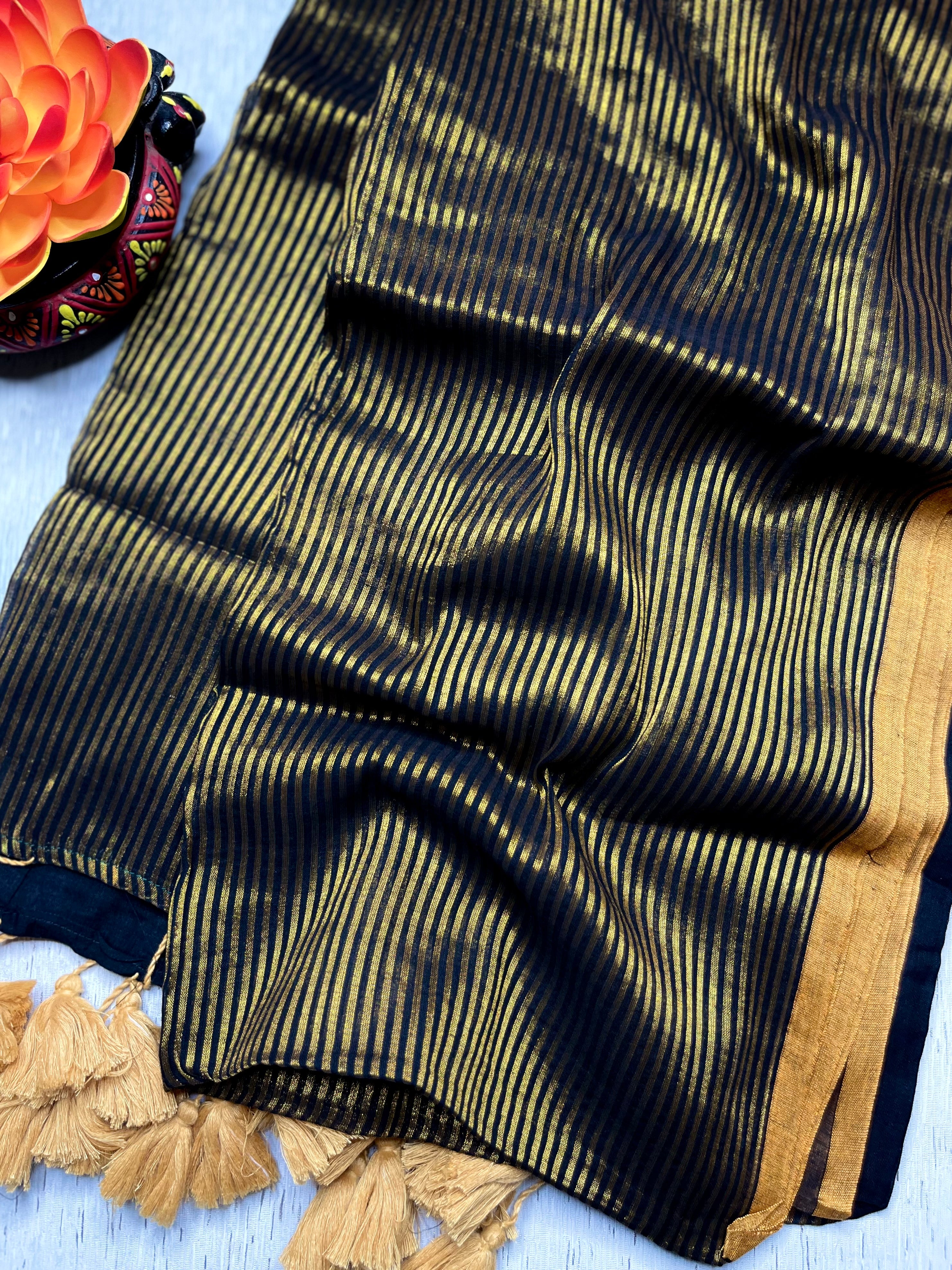 Handwoven Cotton Saree -  Charcoal Black + Gold