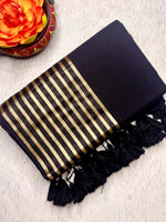 Load image into Gallery viewer, Handwoven Cotton Saree - Royal Black + Shimmer Gold
