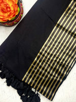 Load image into Gallery viewer, Handwoven Cotton Saree - Royal Black + Shimmer Gold

