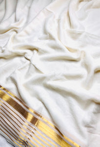 Handwoven Cotton Saree - White + Shimmer Gold