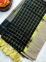 Load image into Gallery viewer, Handwoven Cotton Saree -  Charcoal  Black + Gold
