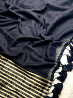 Load image into Gallery viewer, Handwoven Cotton Saree - Royal Black + Shimmer Gold
