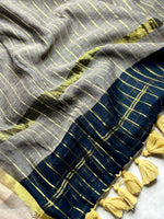 Load image into Gallery viewer, Handwoven Cotton Saree -  Charcoal  Black + Gold
