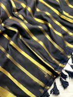 Load image into Gallery viewer, Handwoven Cotton Saree -  Black Pearl + Shimmer Gold
