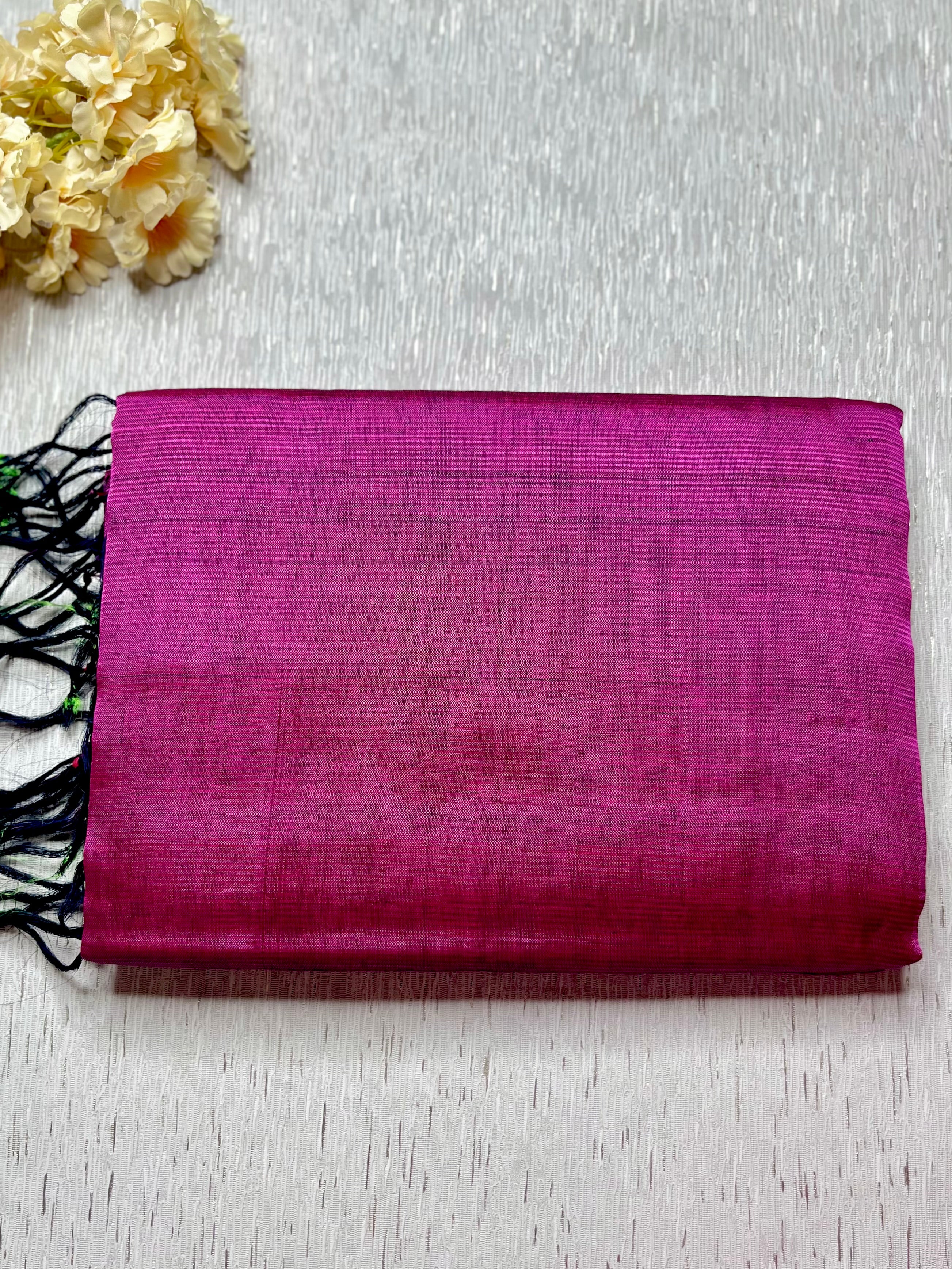 Handwoven Silk Cotton Saree - Medium Red Violet +  Sea Green