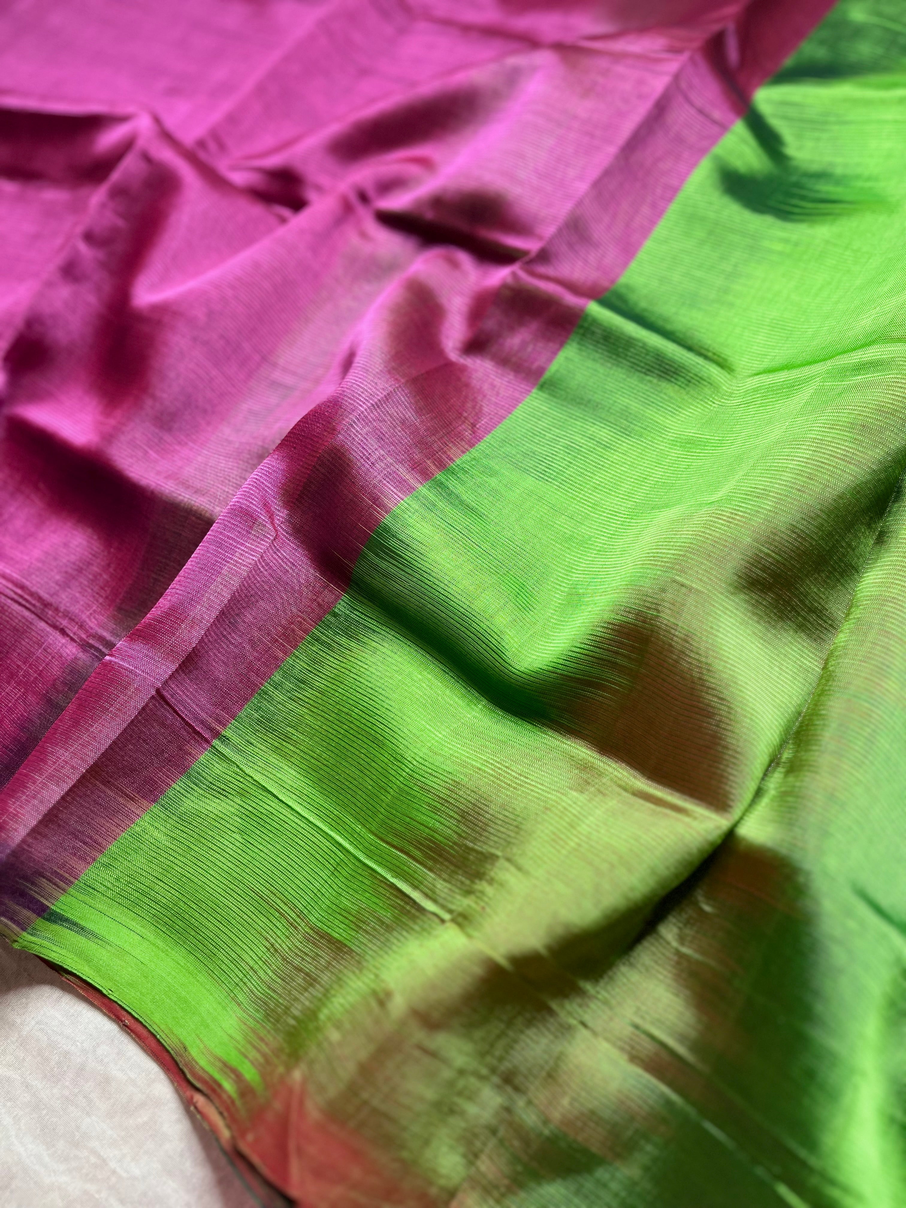 Handwoven Silk Cotton Saree - Medium Red Violet +  Sea Green