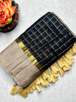 Load image into Gallery viewer, Handwoven Cotton Saree -  Charcoal  Black + Gold
