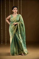 Load image into Gallery viewer, DIVA-Handwoven Metallic Linen Tissue Saree - Green Gold
