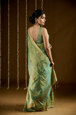 Load image into Gallery viewer, DIVA-Handwoven Metallic Linen Tissue Saree - Green Gold

