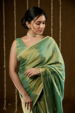 Load image into Gallery viewer, DIVA-Handwoven Metallic Linen Tissue Saree - Green Gold
