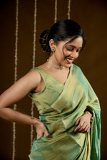 Load image into Gallery viewer, DIVA-Handwoven Metallic Linen Tissue Saree - Green Gold
