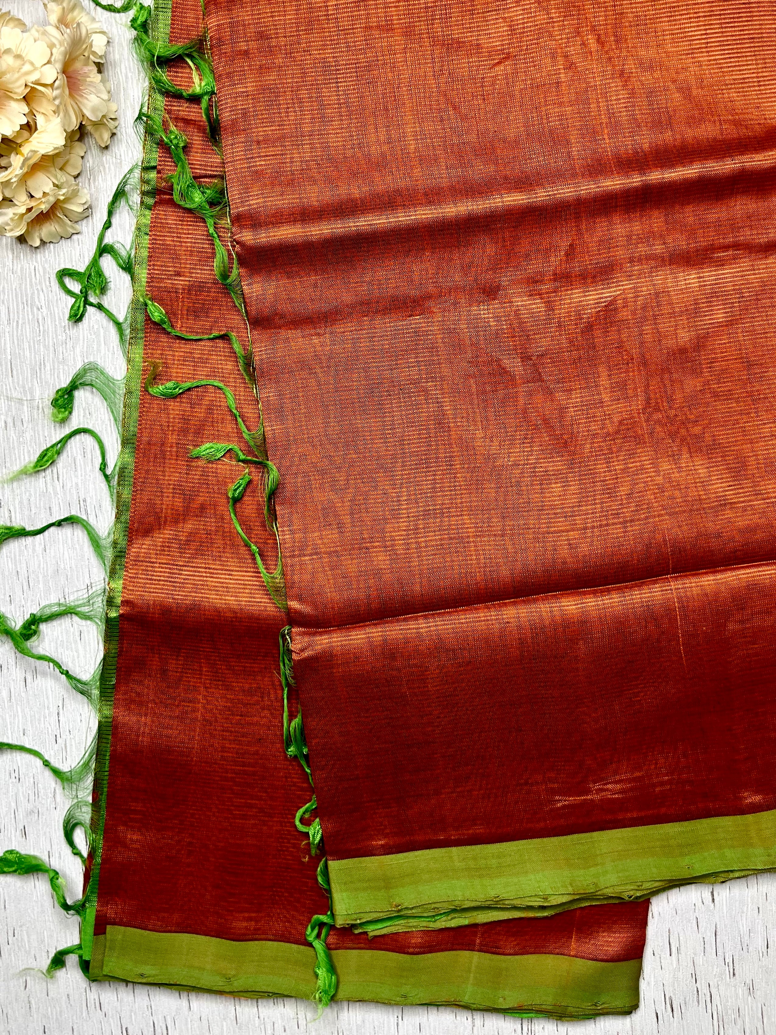 Handwoven Silk Cotton Saree - Thunderbird Brown + Forest Green