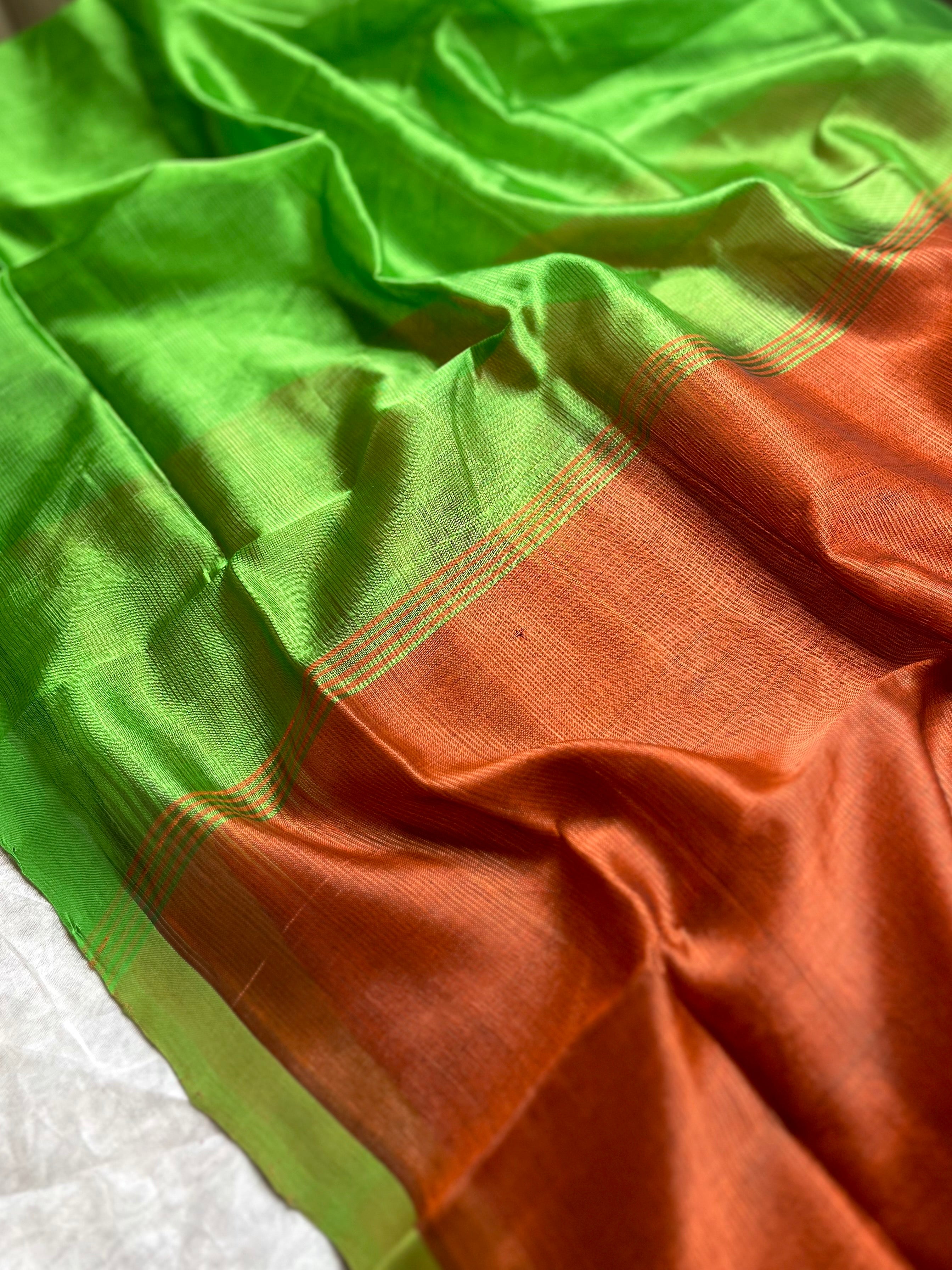 Handwoven Silk Cotton Saree - Thunderbird Brown + Forest Green