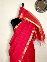 Load image into Gallery viewer, Handwoven Silk Zari Cotton Saree - Crimson Red + Gold
