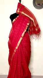 Load image into Gallery viewer, Handwoven Silk Zari Cotton Saree - Crimson Red + Gold
