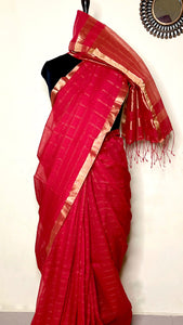 Handwoven Silk Zari Cotton Saree - Crimson Red + Gold