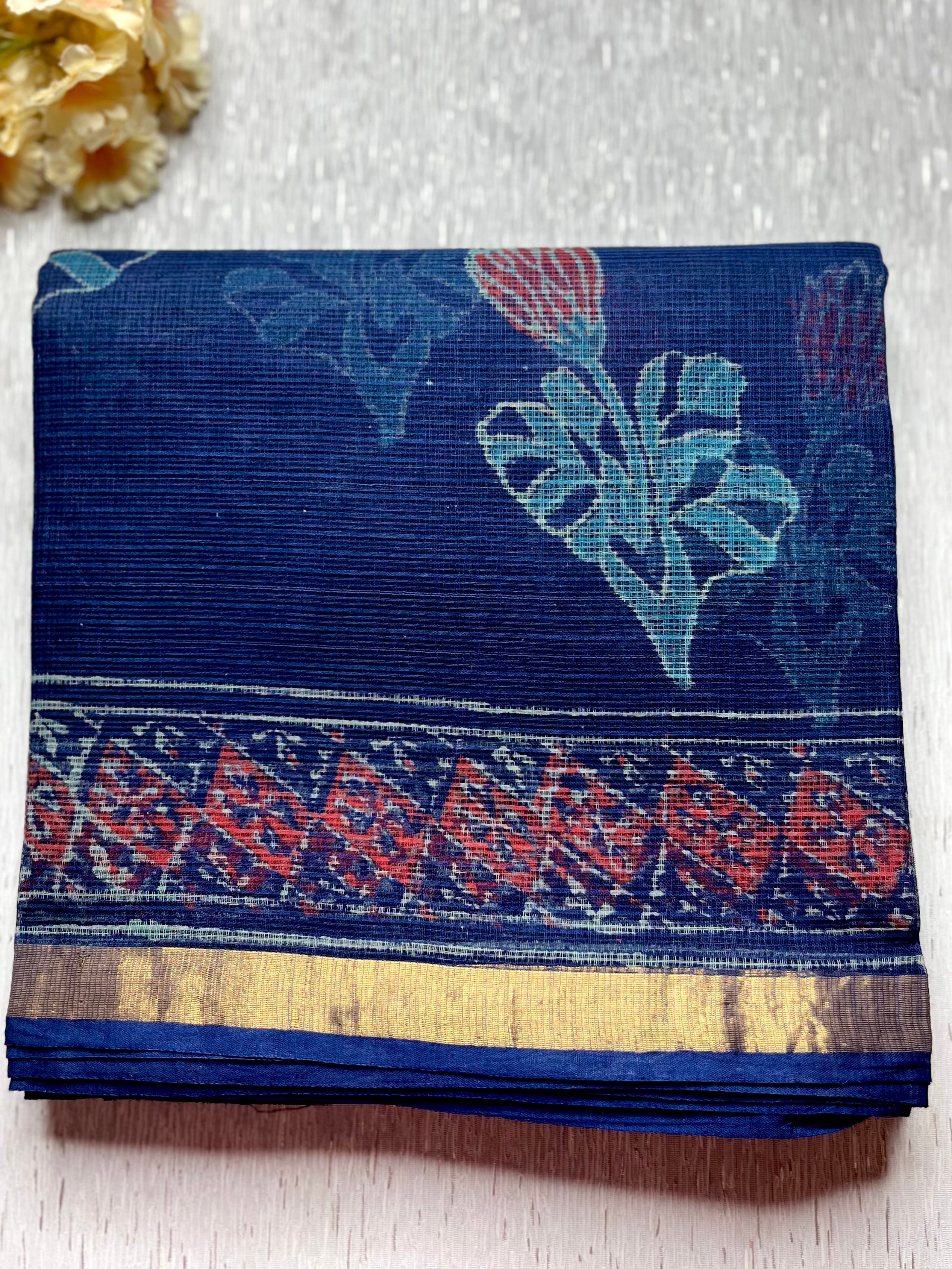 Handblock Printed Kota Doria Saree -  Persian Blue