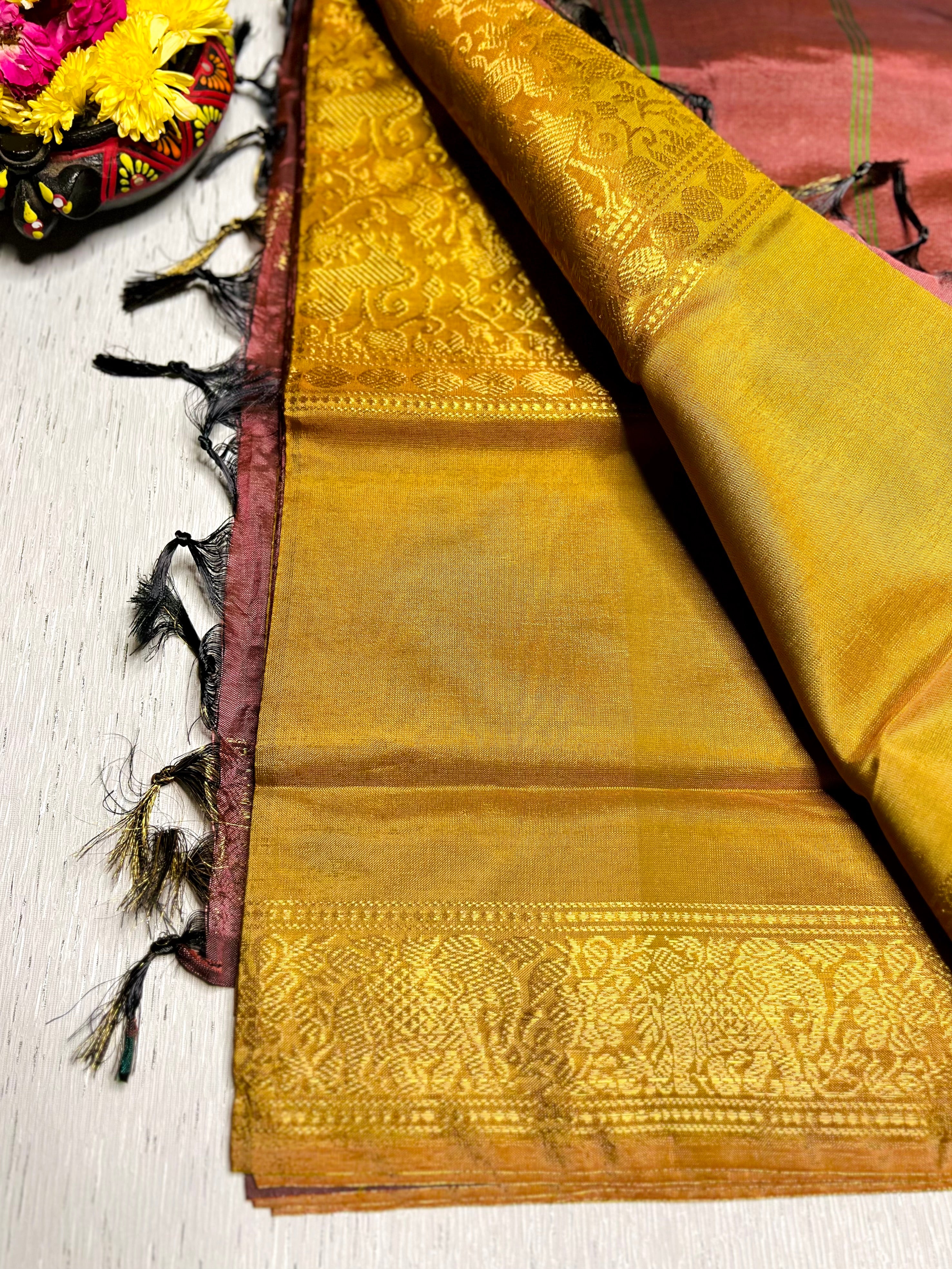 Handwoven Art Silk Saree - Golden Grass + Chestnut