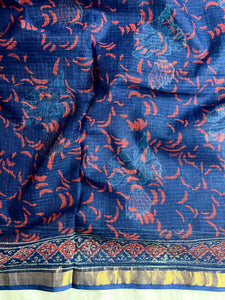 Handblock Printed Kota Doria Saree -  Persian Blue