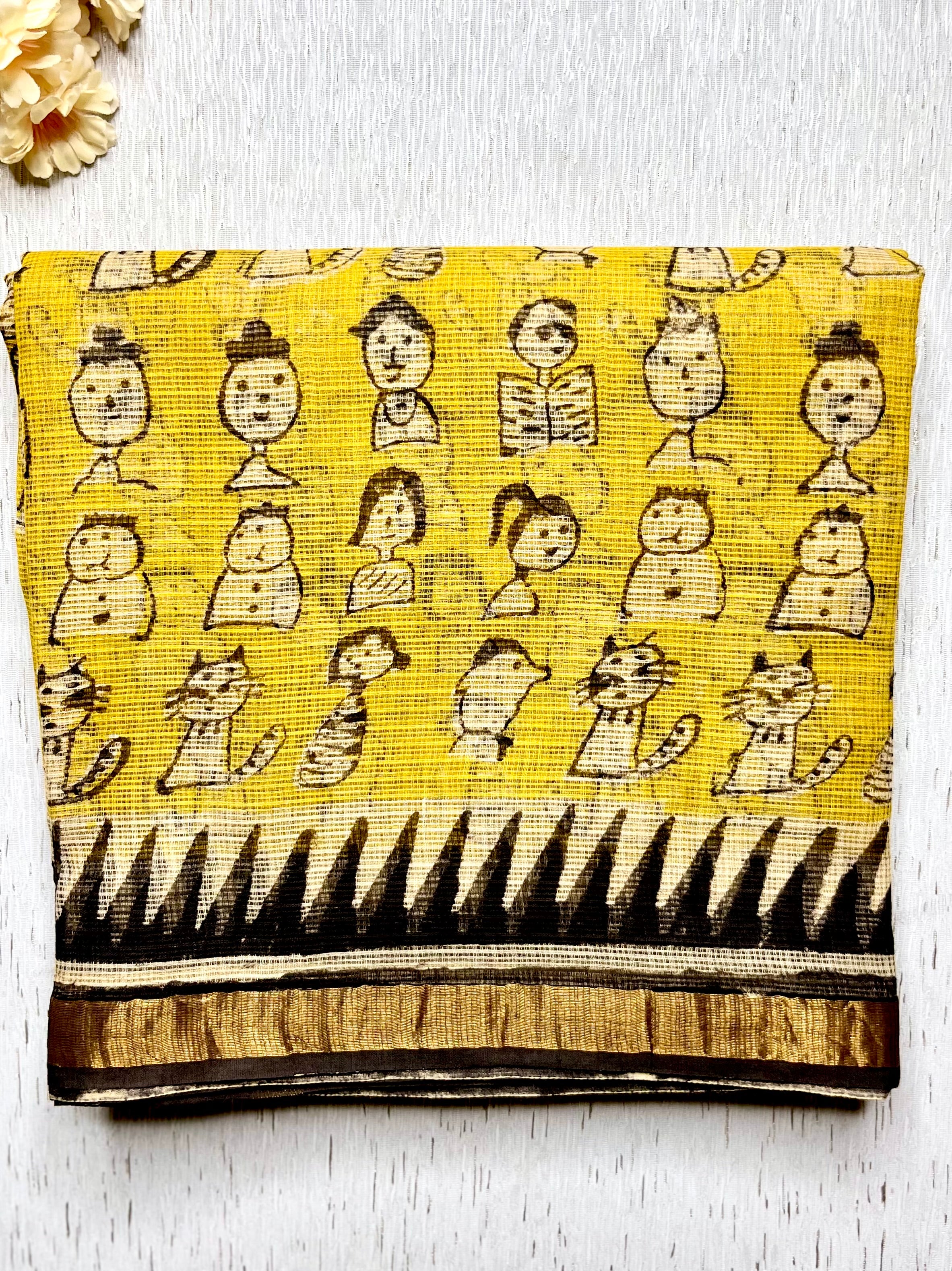 Handblock Printed Kota Doria Saree - Mustard Yellow + Pearl Black