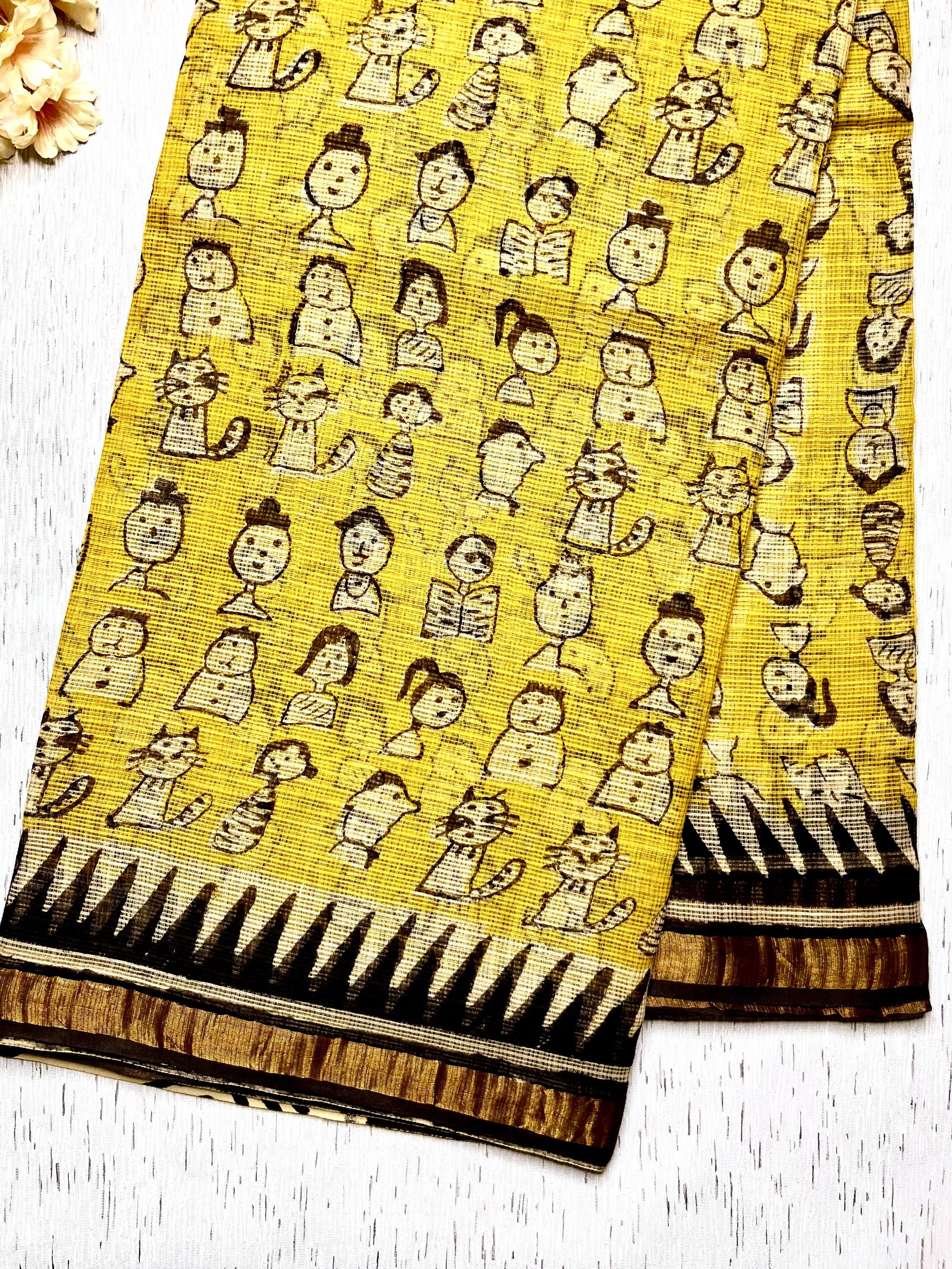 Handblock Printed Kota Doria Saree - Mustard Yellow + Pearl Black