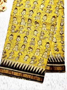 Handblock Printed Kota Doria Saree - Mustard Yellow + Pearl Black