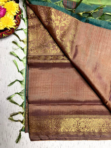 Handwoven Art Silk Saree -  Brown Rust + Green