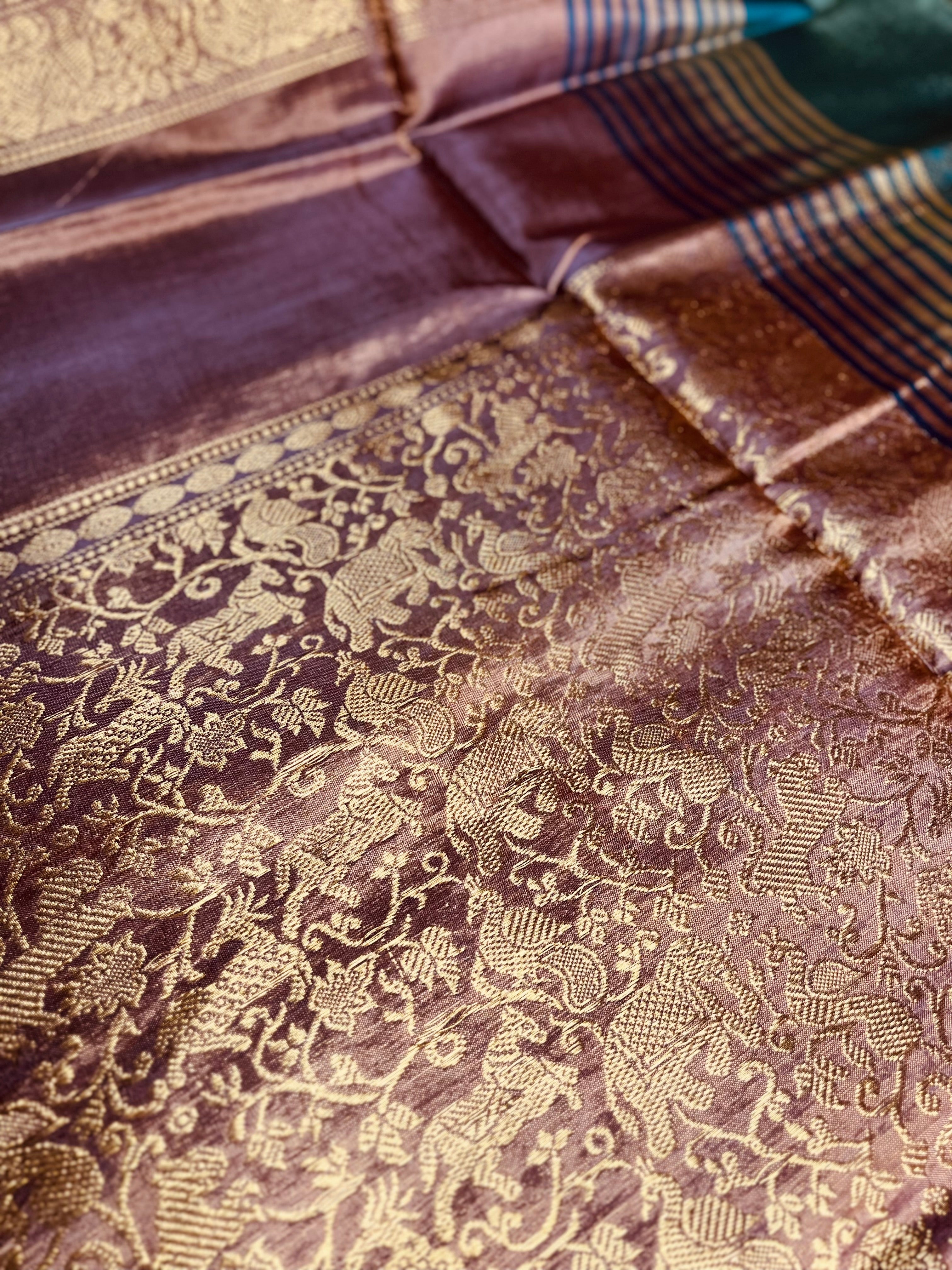 Handwoven Art Silk Saree -  Brown Rust + Green