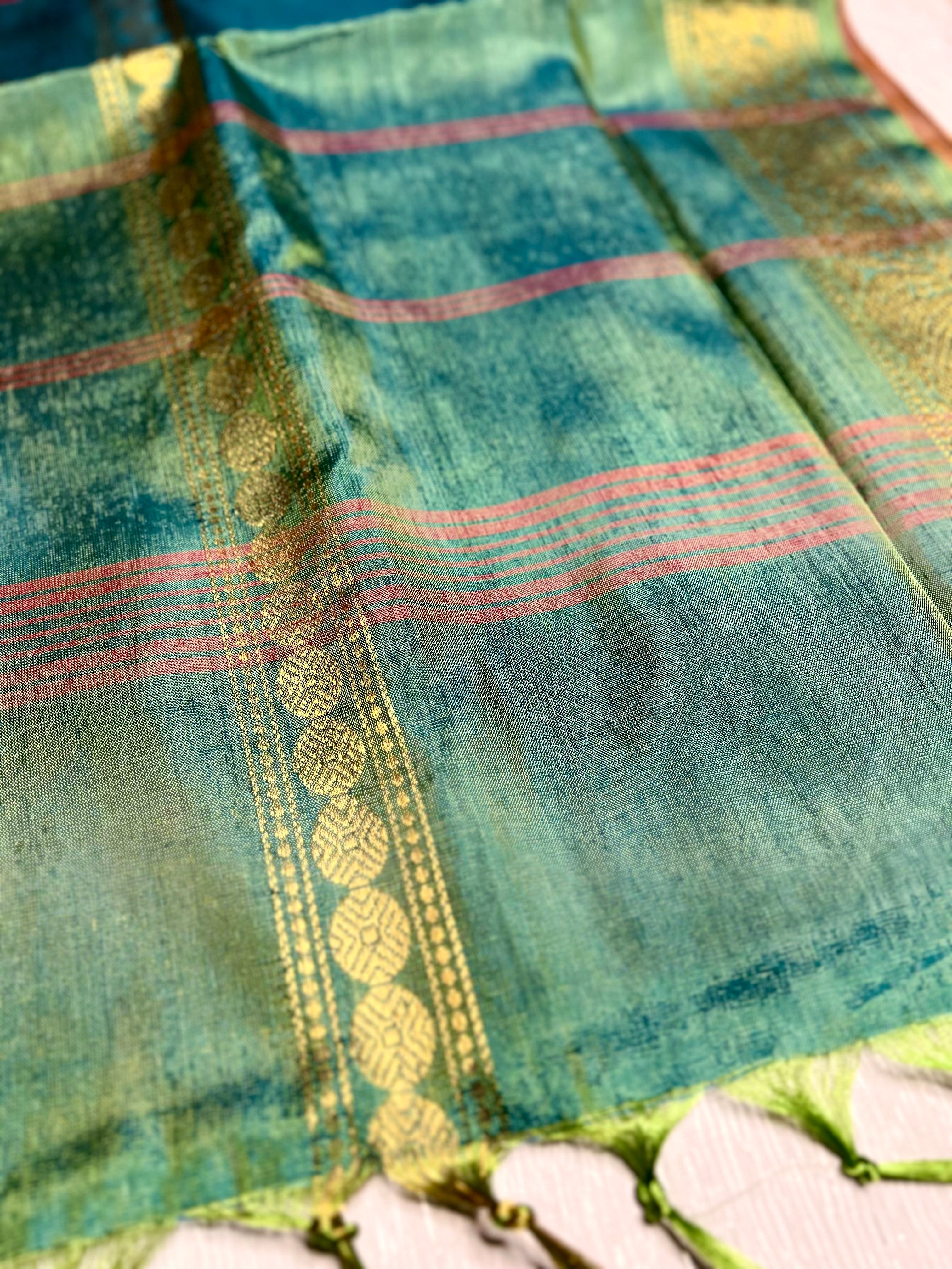 Handwoven Art Silk Saree -  Brown Rust + Green