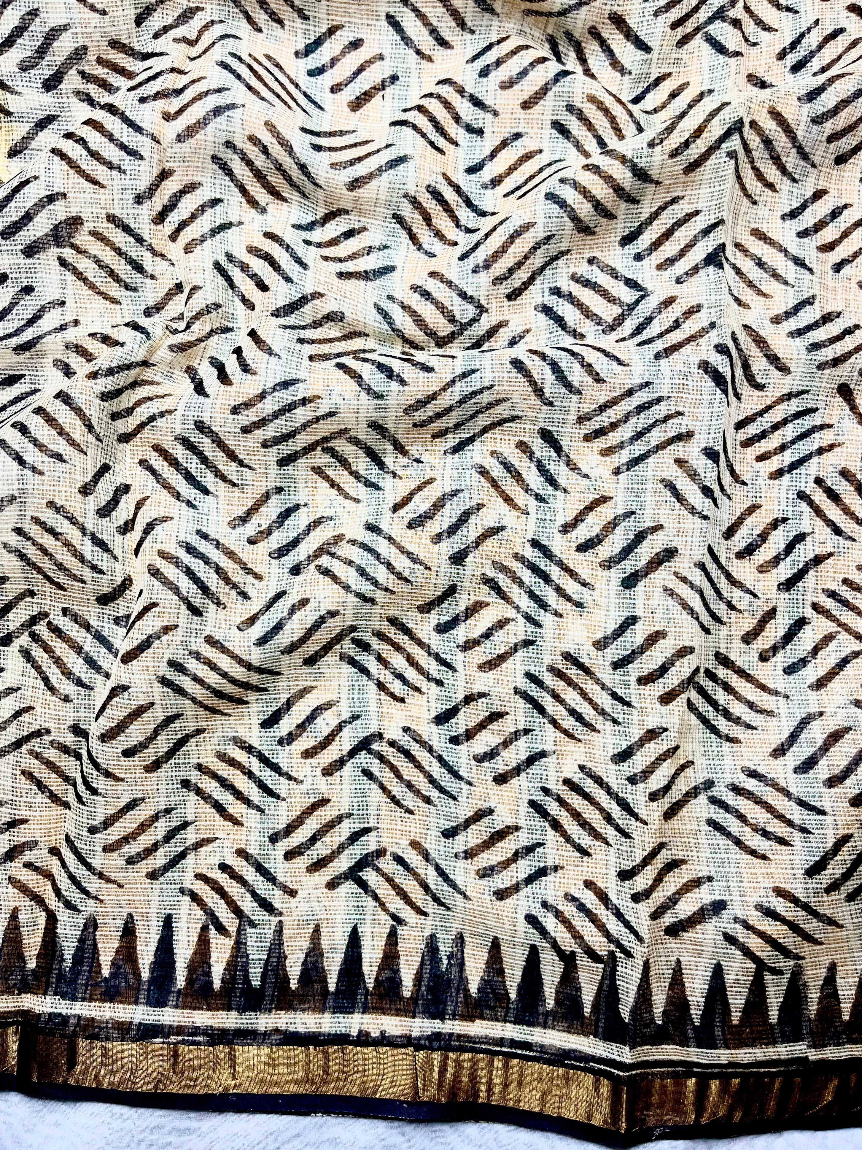 Handblock Printed Kota Doria Saree - Mustard Yellow + Pearl Black