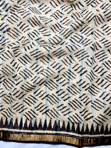 Handblock Printed Kota Doria Saree - Mustard Yellow + Pearl Black