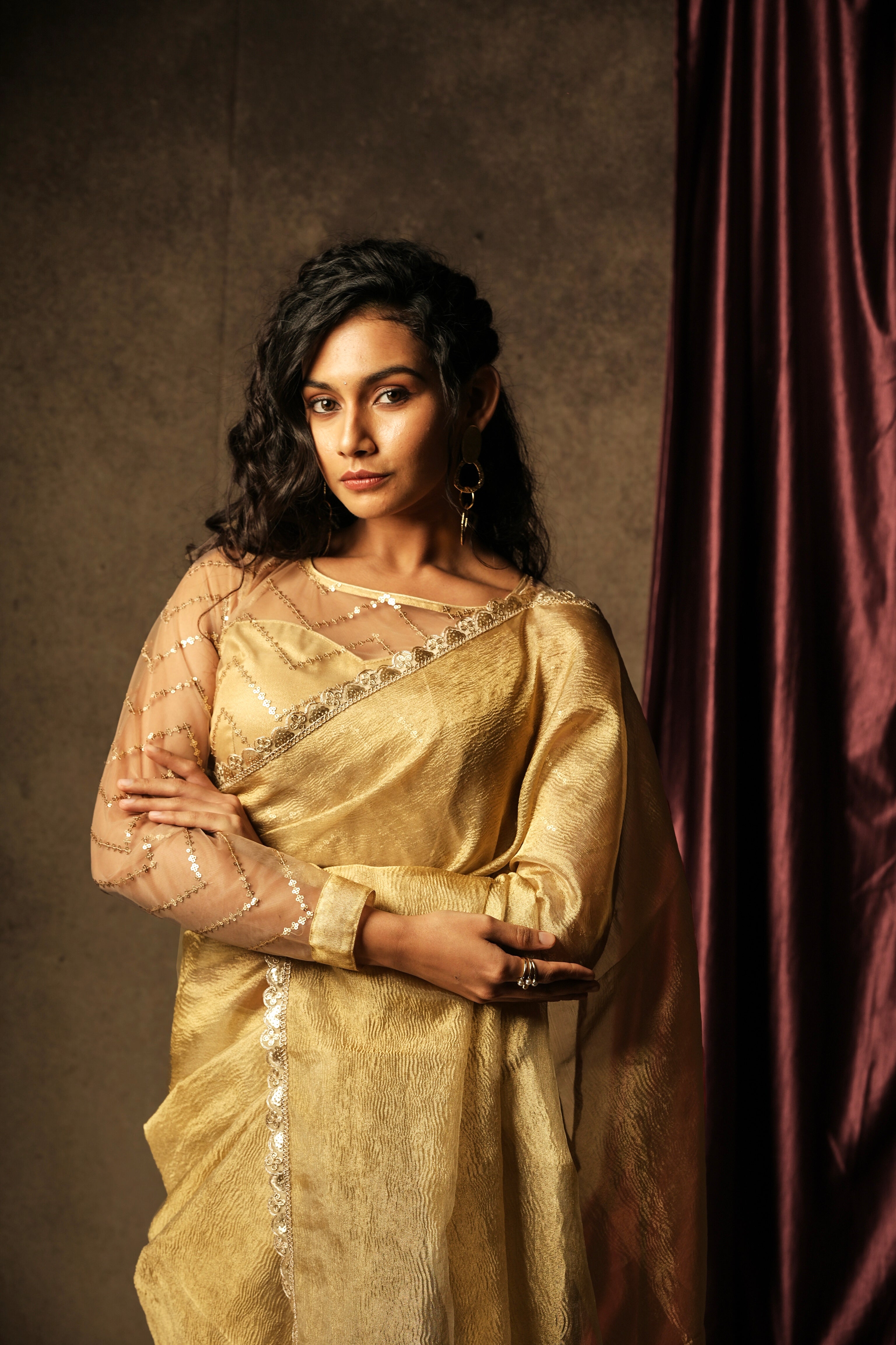 Sona - Crushed Tissue Silk Saree - Harvest Gold