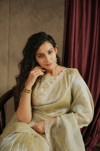 Sona - Crushed Tissue Silk Saree - Ice Silver Green