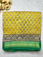 Load image into Gallery viewer, Handblock Printed Silk Cotton Saree - Bright Sun Yellow + Jungle Green
