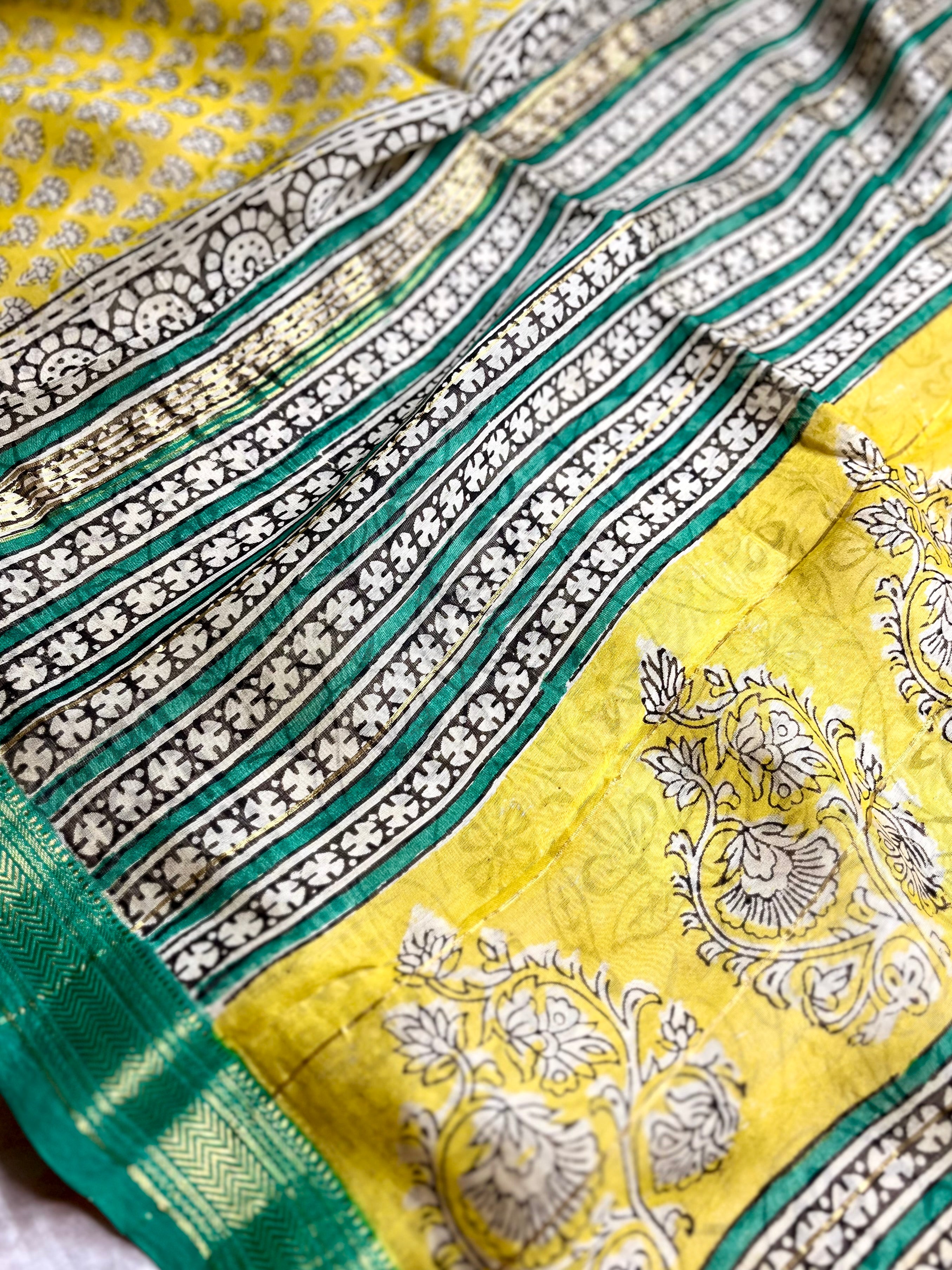 Handblock Printed Silk Cotton Saree - Bright Sun Yellow + Jungle Green