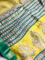 Load image into Gallery viewer, Handblock Printed Silk Cotton Saree - Bright Sun Yellow + Jungle Green

