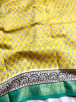 Load image into Gallery viewer, Handblock Printed Silk Cotton Saree - Bright Sun Yellow + Jungle Green
