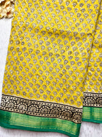 Load image into Gallery viewer, Handblock Printed Silk Cotton Saree - Bright Sun Yellow + Jungle Green
