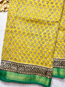 Handblock Printed Silk Cotton Saree - Bright Sun Yellow + Jungle Green